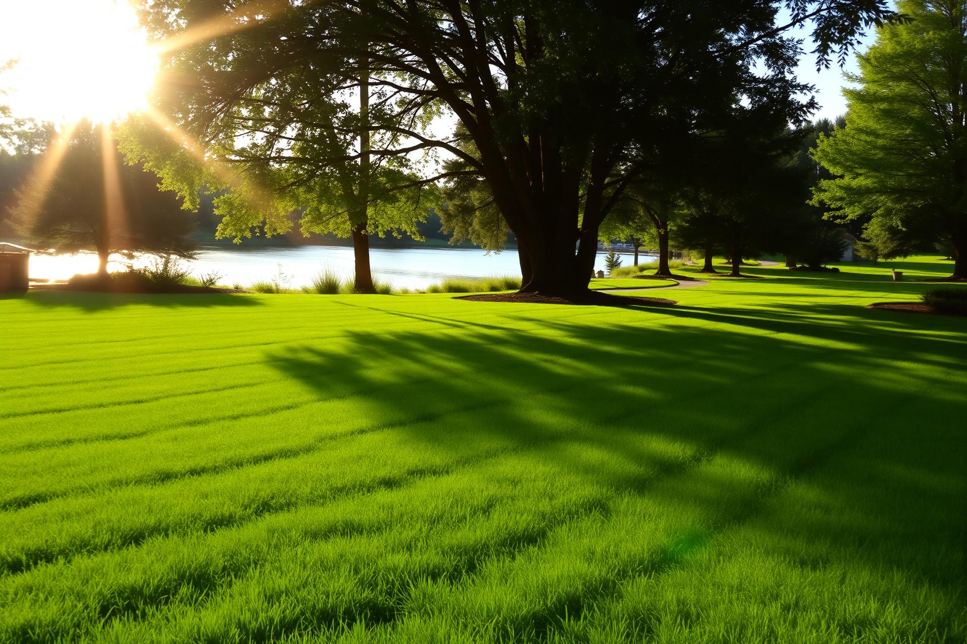 Lush lawn near Cedar Lake at golden hour